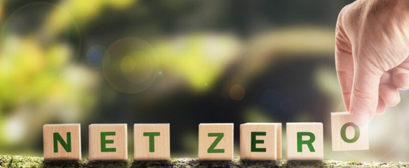 Net zero 2050 Carbon neutral. Net zero greenhouse gas emissions target. Climate neutral long strategy. No toxic gases. Hand puts wooden cubes with netzero icon in green background copy space.