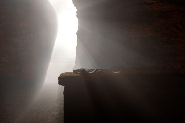 3d rendering of Jesus' cave after His resurrection. His light shining. Made for the Easter season showing the tomb being empty after the stone rolled away.