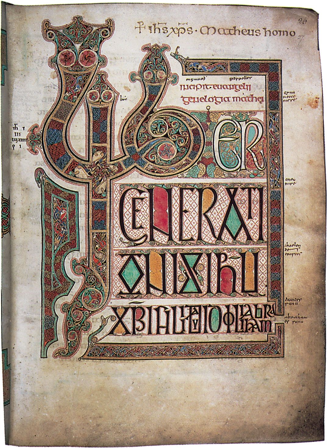 Picture of the first page of the gospel of Matthew taken from the Lindisfarne Gospels. The page is a tank colour with colourful writing not in English and with a pictorial letter on the left side of the picture.