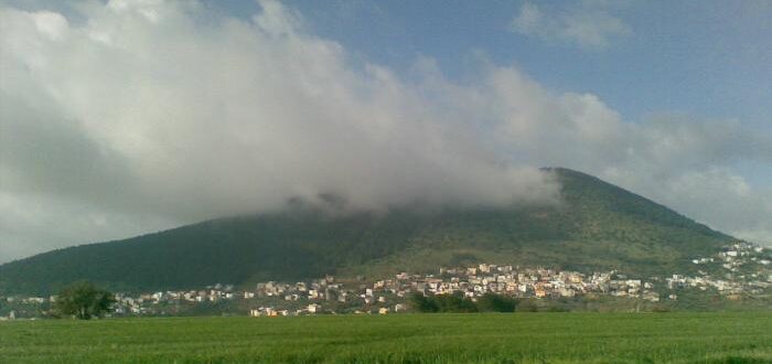 Clouds covering the top of Mount Tabor in Israel