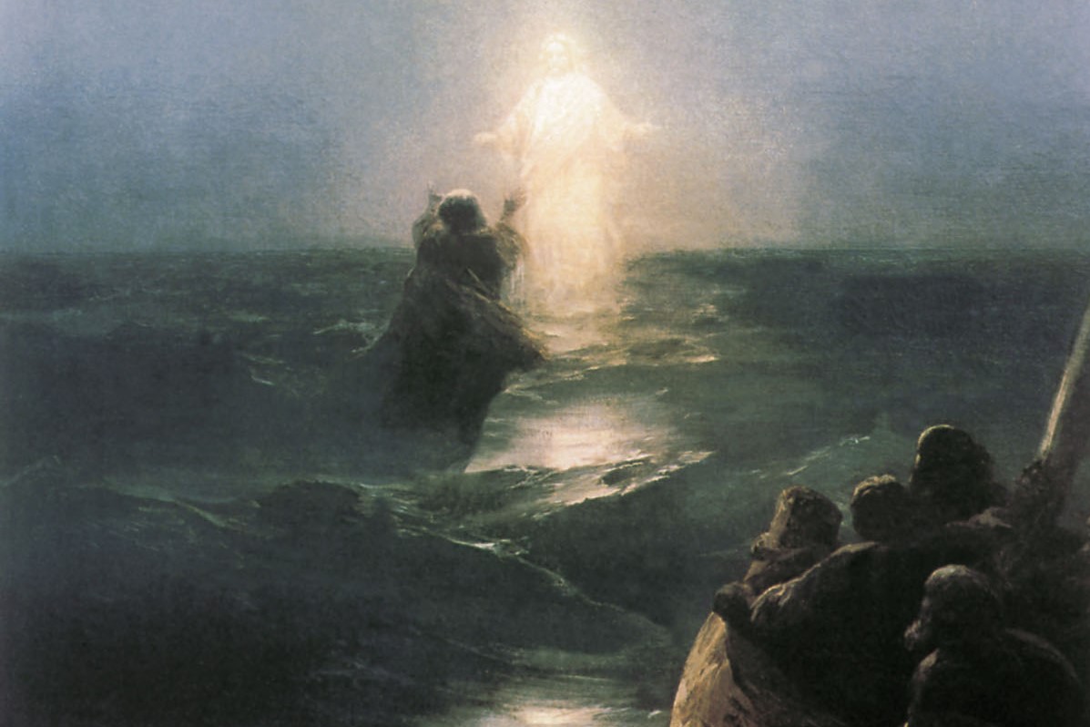 Painting of Jesus walking on water by Ivan Aivazovsky. Jesus is depicted in a glowing white in the middle of the image with Peter, slightly to the left with his arms reaching out towards Jesus. The disciples sit in the boat in the bottom right corner of the painting.