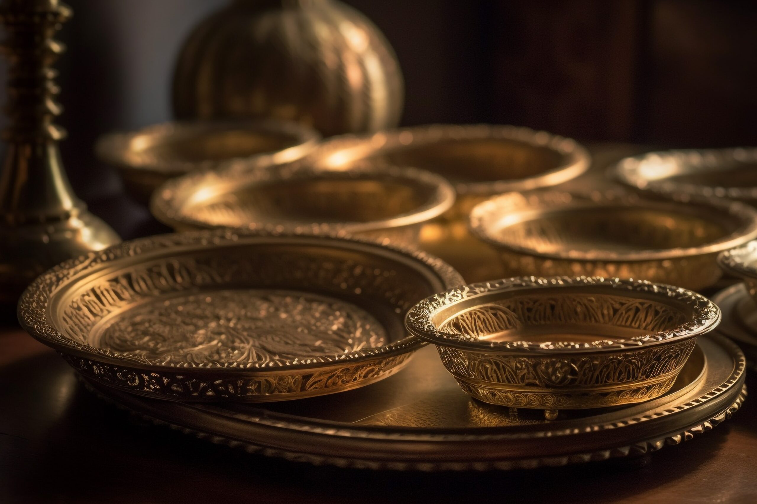A group of gold plates