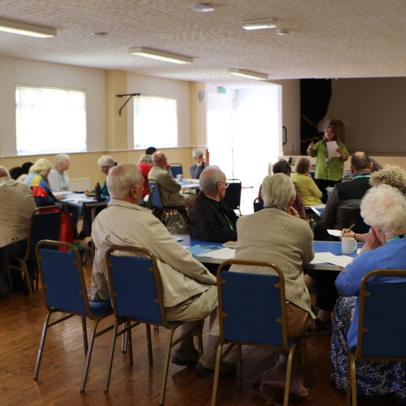 A group of people sat in a church hall facing away from the photographer listening to a speaker at the back of the image.