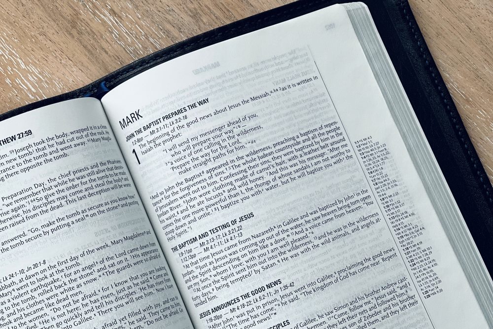 Bible open to the start of the Gospel of Mark