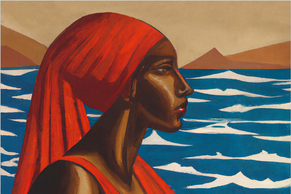 AI generated image of a black woman looking out to sea