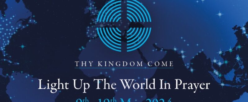 Thy Kingdom Come logo on a world map with bright light spots